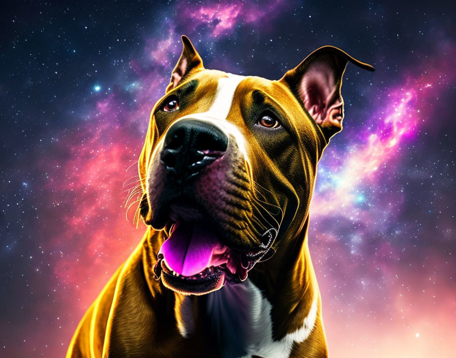 Brown and White Dog Panting Against Starry Night Sky Background