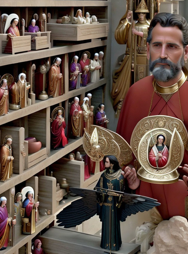 Bearded man with staff amidst colorful religious artifacts