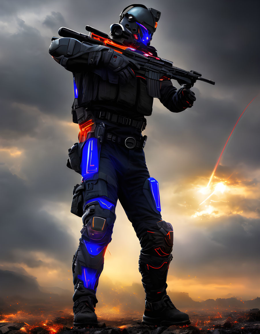 Futuristic soldier in advanced armor with glowing blue accents holding a rifle against dramatic sky and fiery landscape