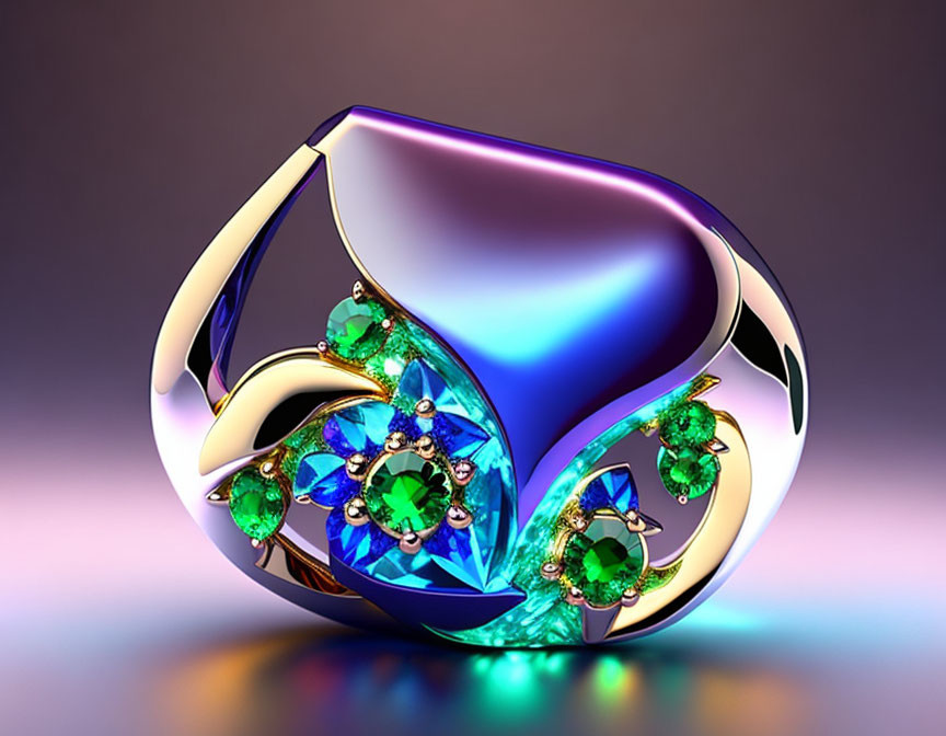 Colorful Abstract Ring with Blue, Purple, and Gold Accents Embedded with Green Gemstones