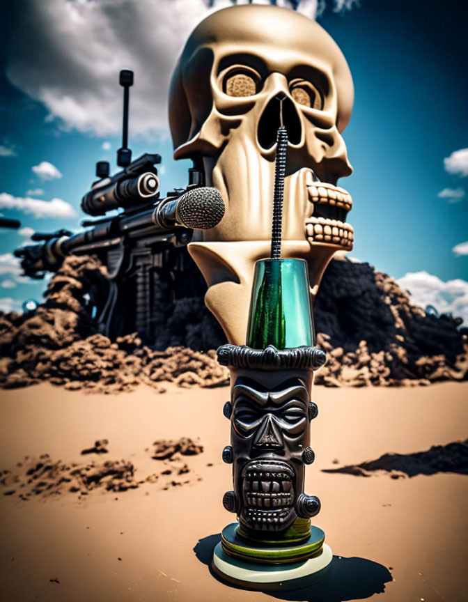 Skull with microphone and rifle on sand under cloudy sky