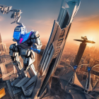 Futuristic cityscape with skyscrapers, flying vehicles, and giant robots