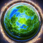 Lush green planet with glowing ring in starry space