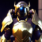 Futuristic knight in golden armor with glowing blue visor against castle backdrop