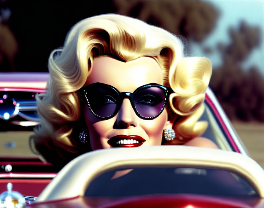 Blonde woman in sunglasses driving convertible car