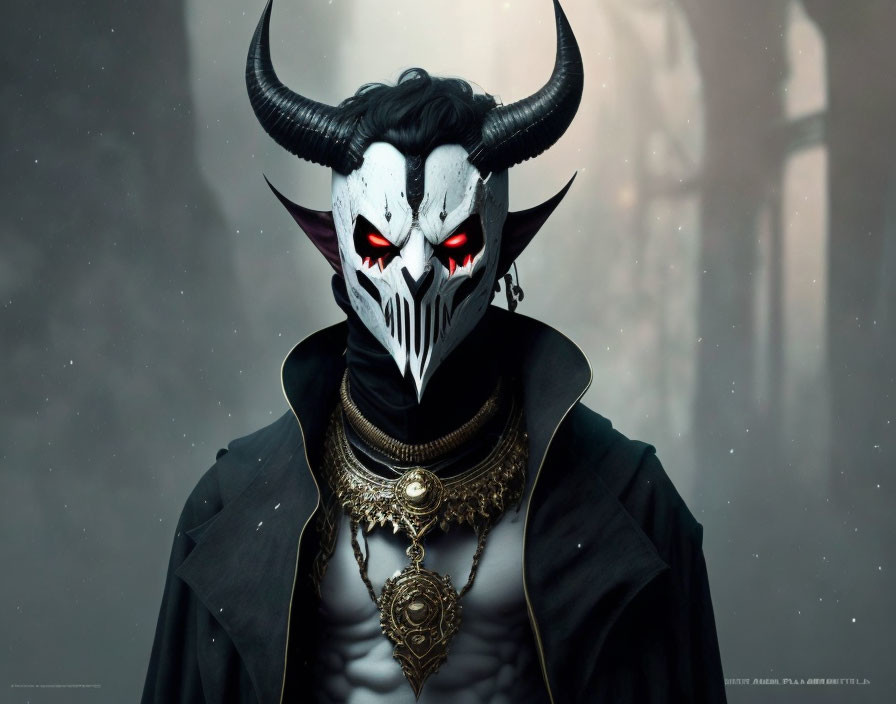 Person in Horned Mask with Red Eyes and Jewelry in Foggy Setting