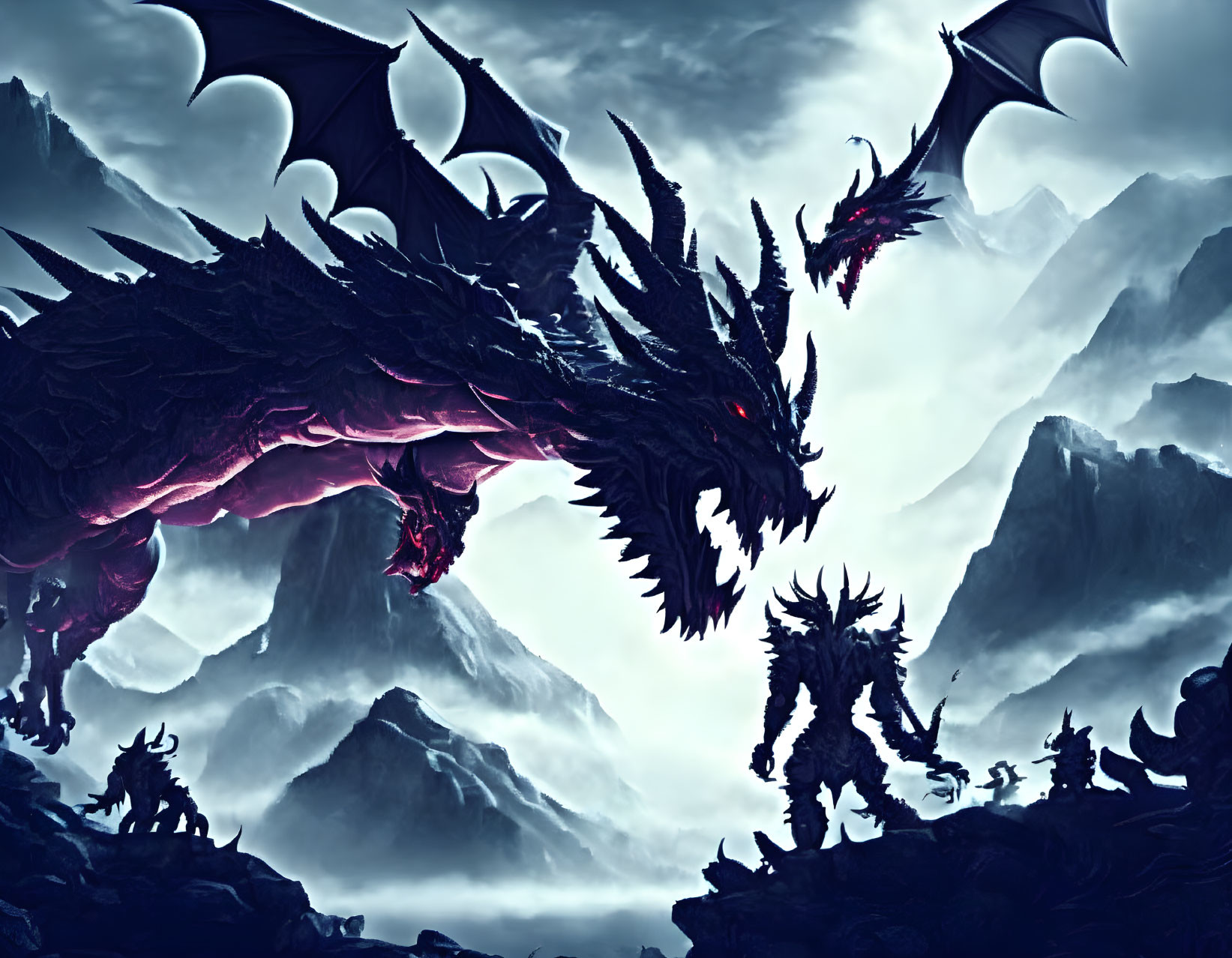 Multiple dragons in misty mountain scene with glowing red-eyed large dragon