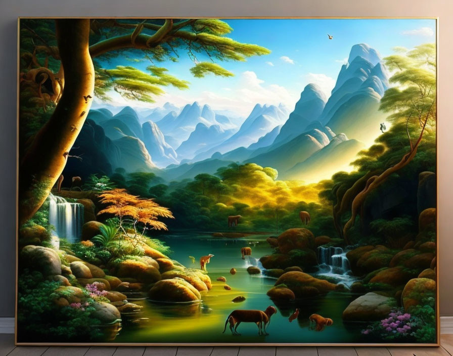 Tranquil Landscape with Mountains, Waterfall, River, Flora, Animals, Birds