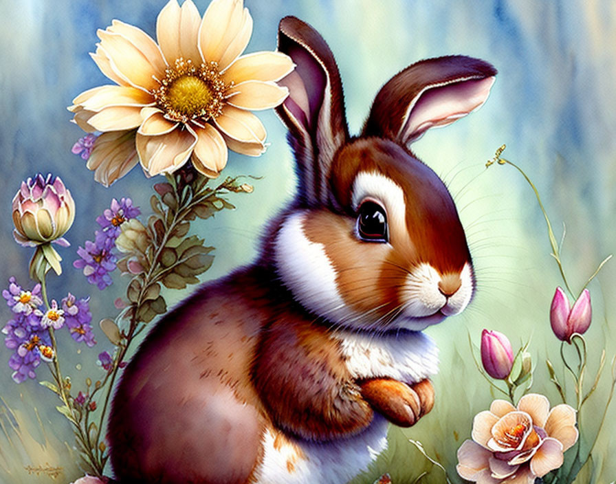 Brown and White Rabbit Among Colorful Flowers on Blue Background
