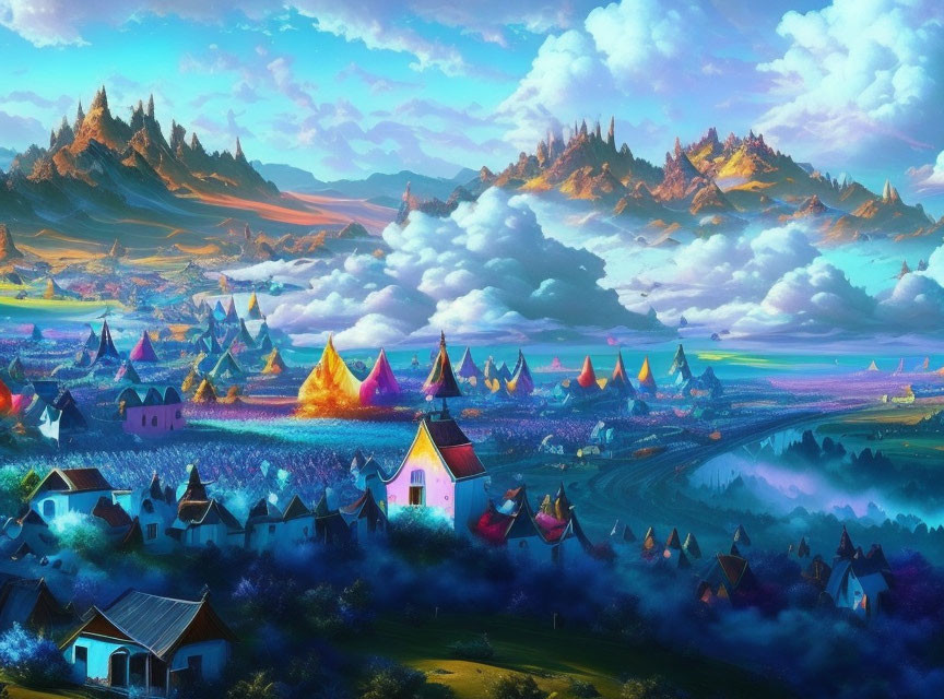 Colorful Pointed-Roof Houses in Vibrant Fantasy Landscape