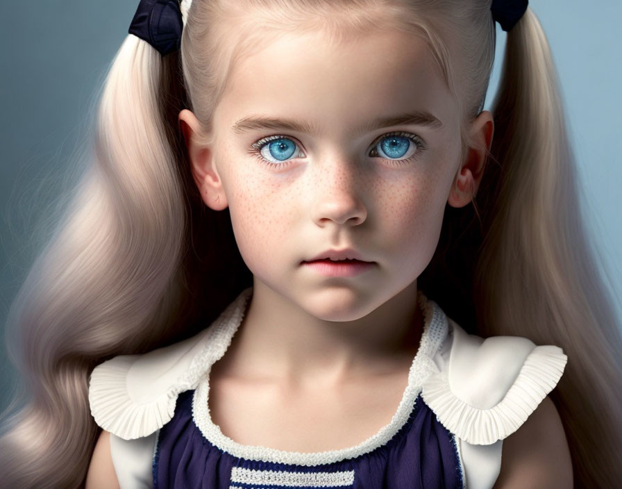 Young girl digital portrait with blue eyes and pigtails in navy dress
