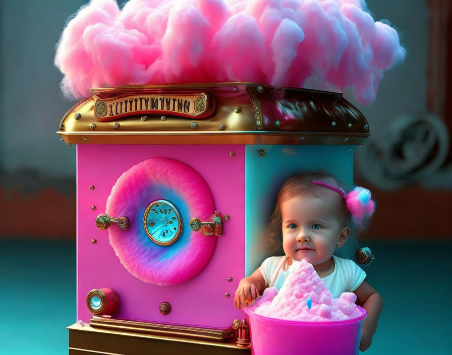 Toddler with pink headband holding cotton candy bucket next to vintage cotton candy machine