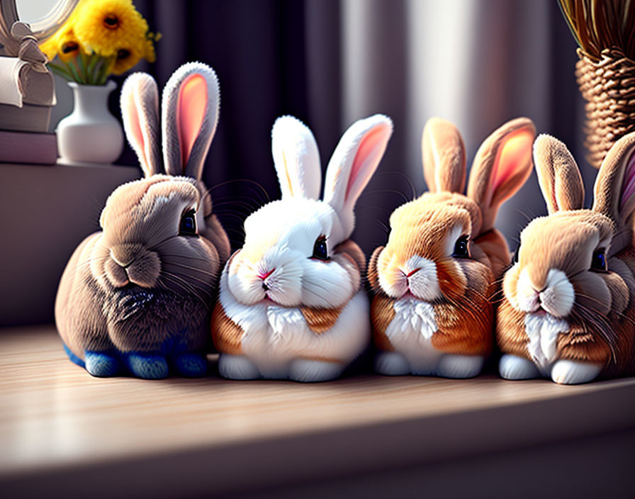 Five stylized cartoon bunnies by a sunny window with flowers