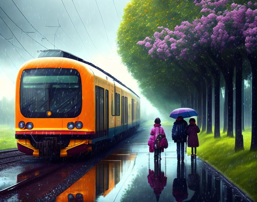 Train beside blooming trees on rainy day with reflections and people with umbrellas.
