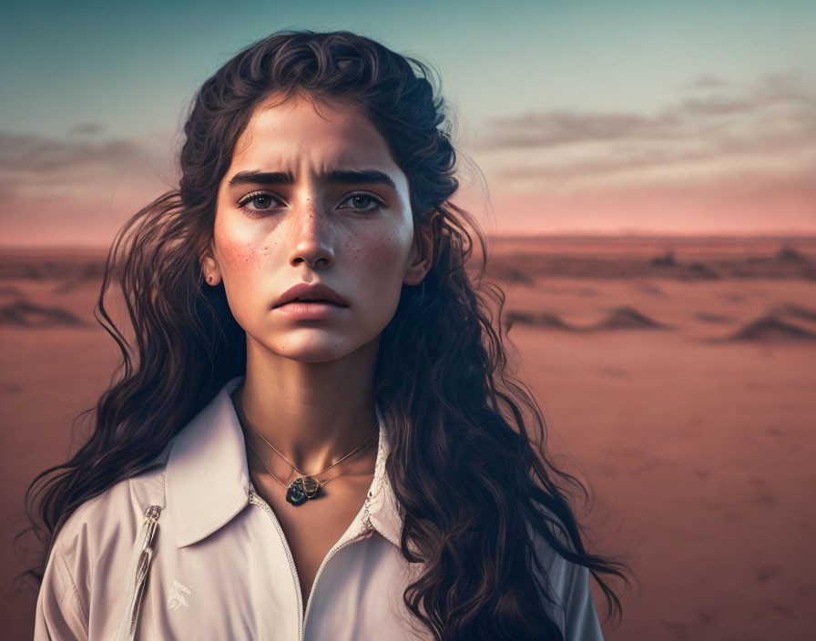 Young woman with wavy hair in white shirt in desert landscape at dusk