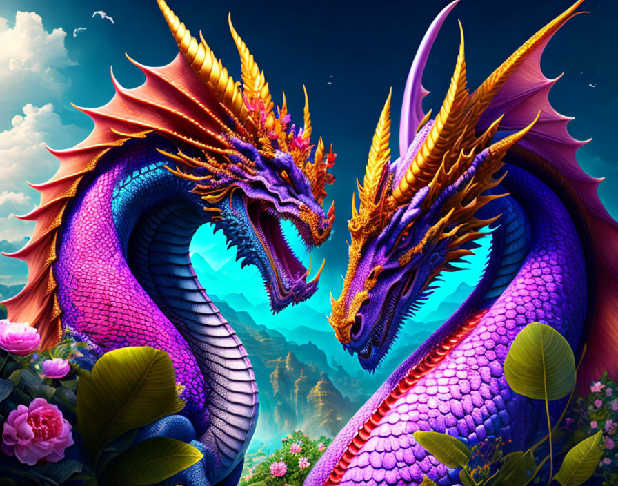 Vibrantly colored dragons in lush fantasy landscape
