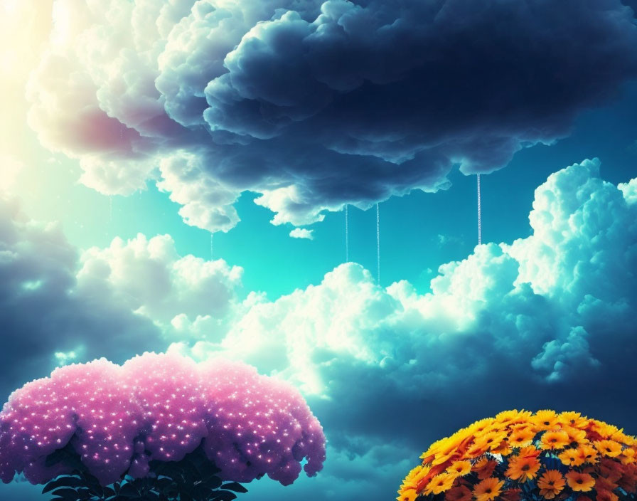 Colorful Flowers and Surreal Sky with Light Rain Clouds on Dreamlike Blue Background