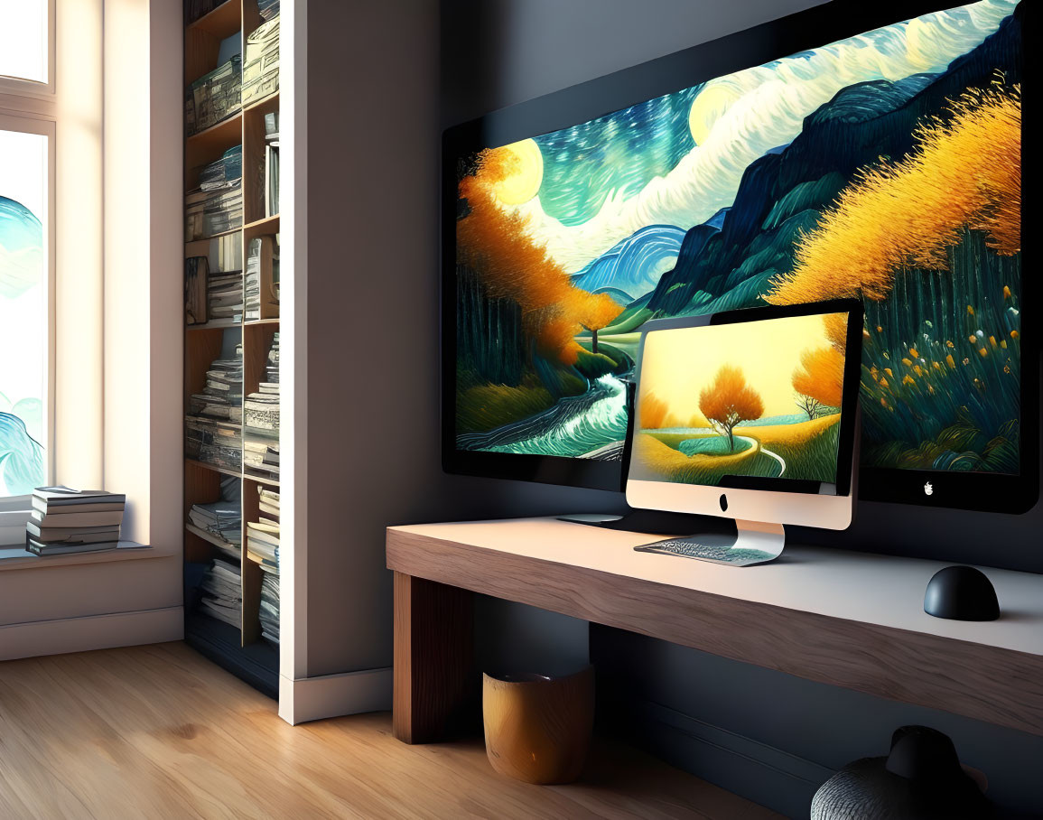 Spacious modern workspace with iMac, large monitor, speakers, and bookshelf