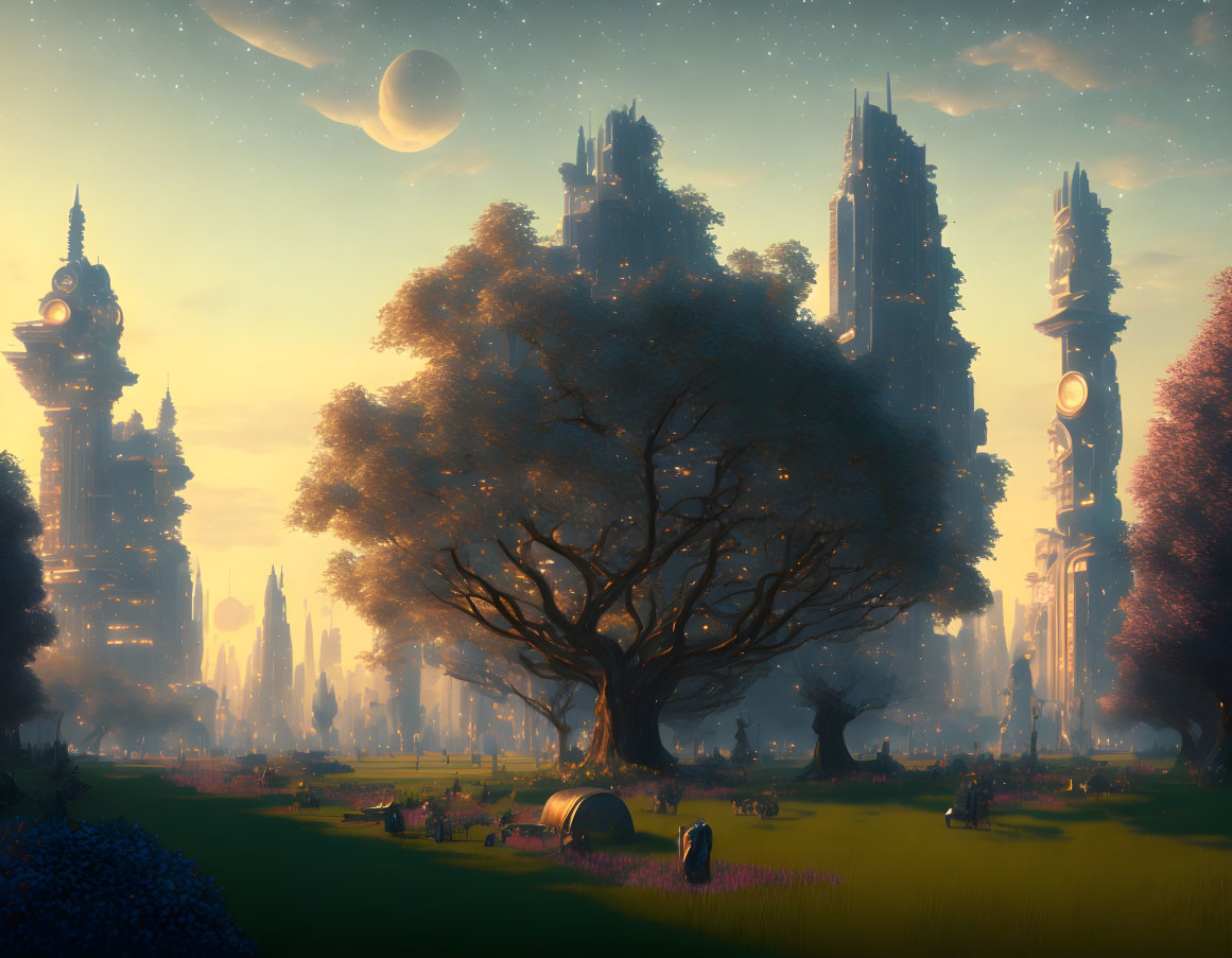 Serene fantasy landscape with tree, futuristic towers, and moon