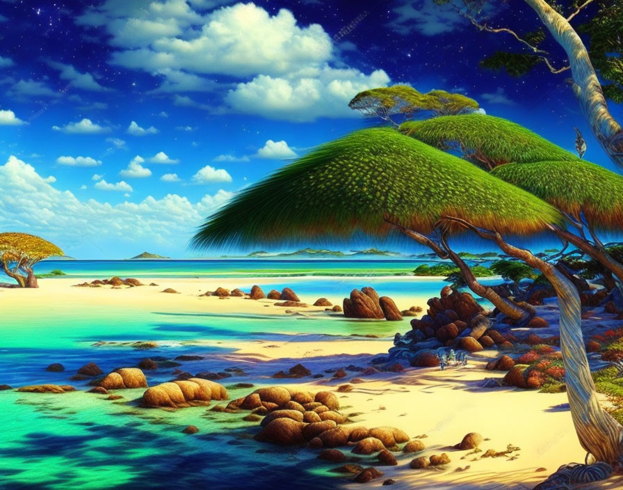Vibrant tropical beach scene with blue skies, stars, lush trees, golden sand, clear ocean