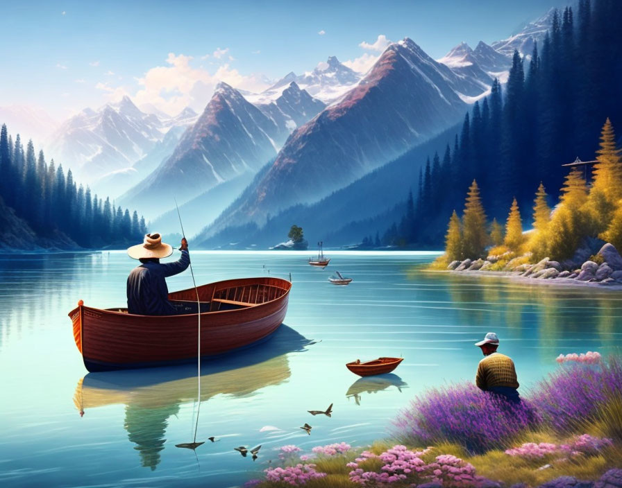 Snow-capped mountains reflected in serene lake with boating and fishing among lush greenery.