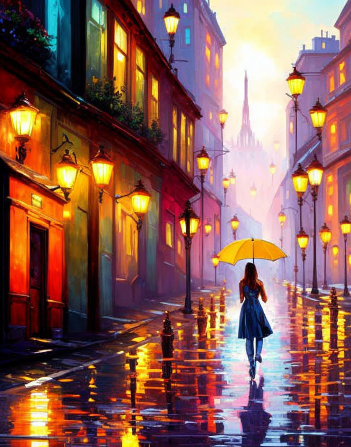 evening city, alley, park, rain, girl with umbrell