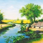 Traditional village landscape with lush green fields, serene river, and vibrant flora