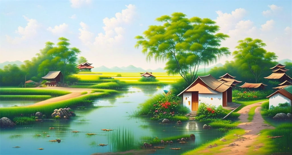 Oil painting of Vietnamese village
