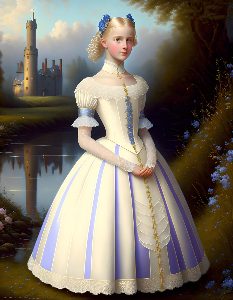 Digital artwork: Young woman in Victorian dress with blue and white hues, castle and lake landscape