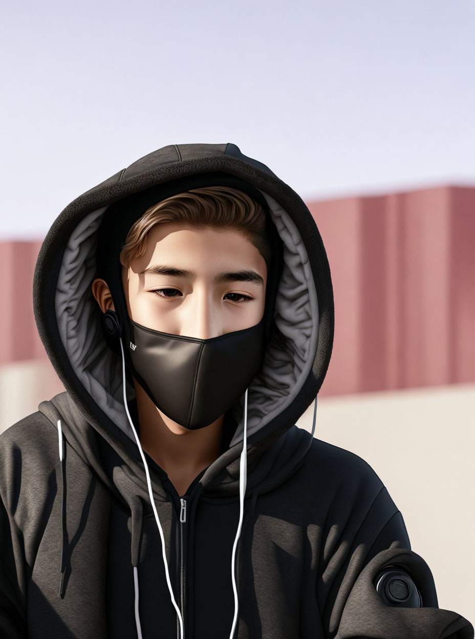 Digital artwork of person in black hoodie, mask, and earphones