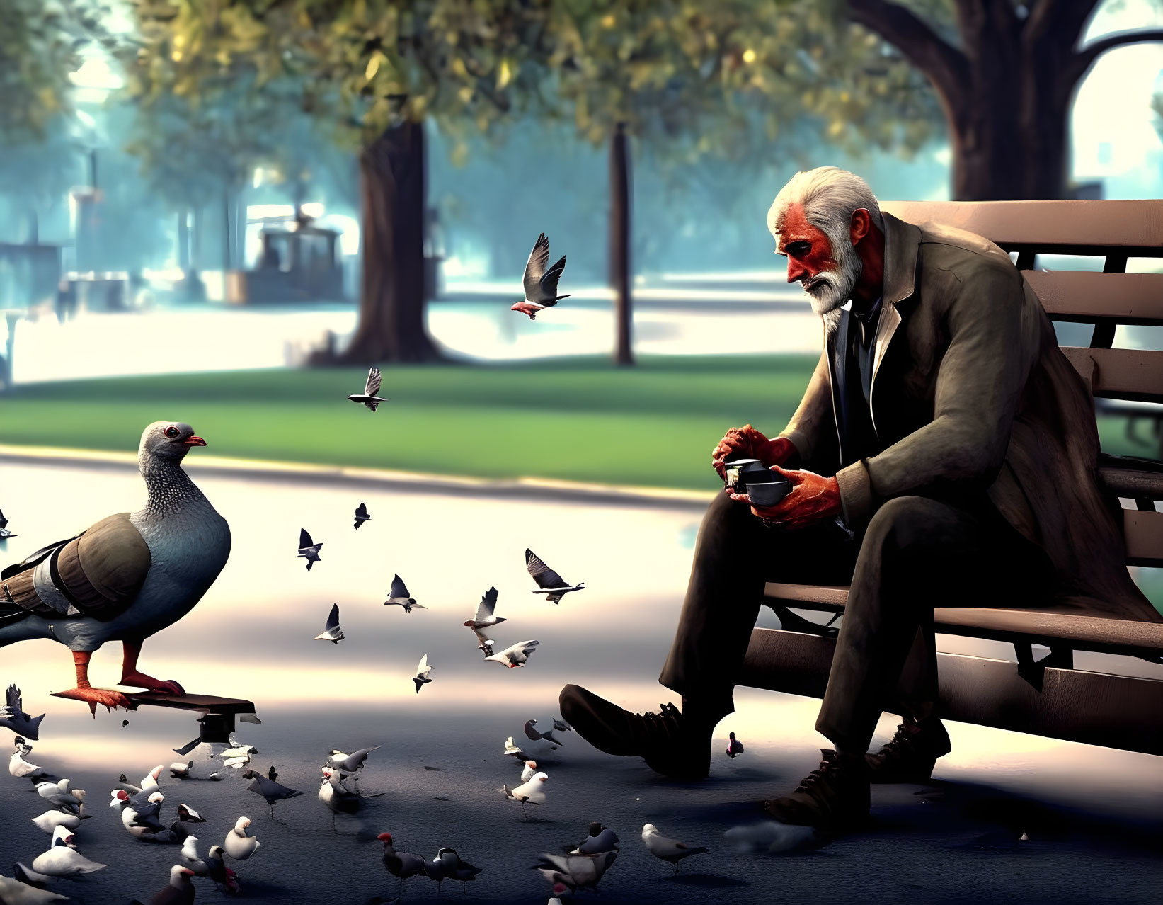 Elderly man feeding pigeons on park bench at sunrise