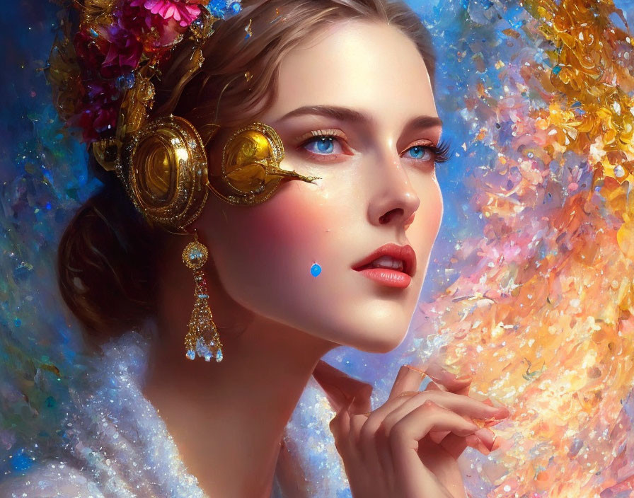 Vibrant digital artwork featuring a woman with striking blue eyes and ornate golden jewelry