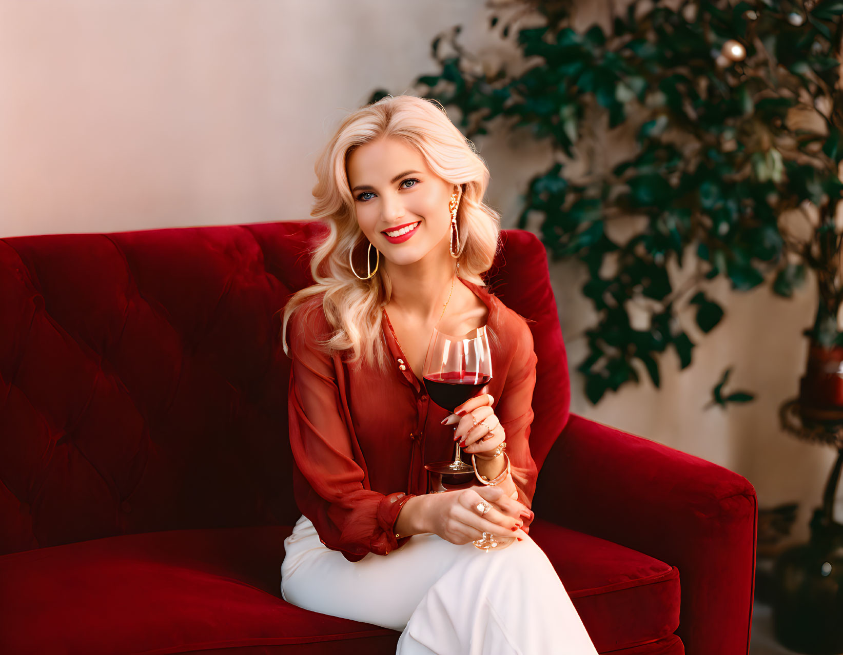 Blonde woman on red sofa with wine glass and plant background
