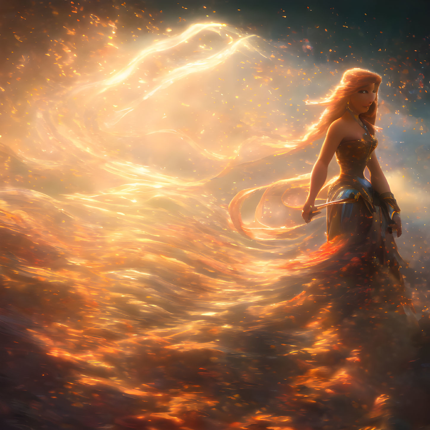 Blond-haired warrior woman in fiery phoenix swirls