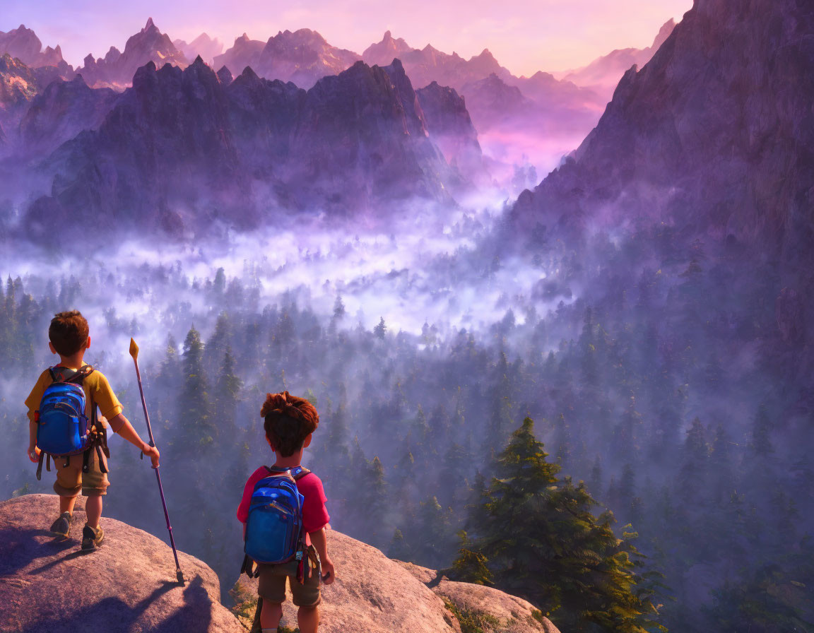 Two animated characters on rock view mystical landscape with mountains, misty forest, and purple sunrise.