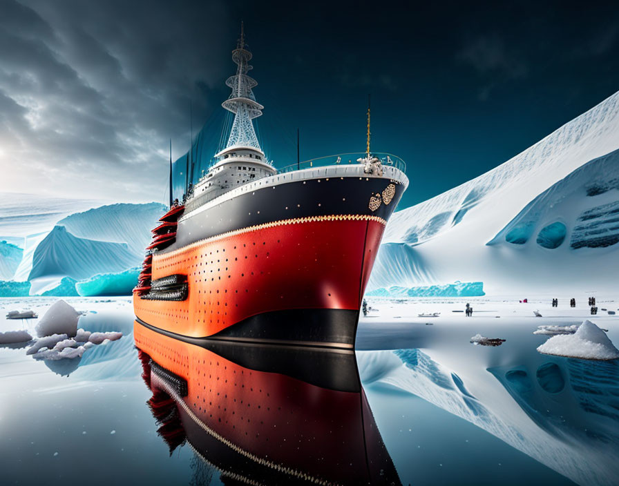 Red-hulled cruise ship in serene polar region with icebergs and reflective water.