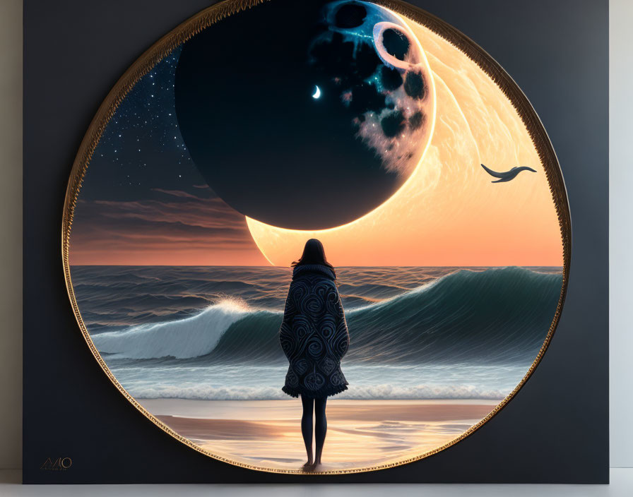 Person gazes at fantasy planet and moon over ocean at sunset