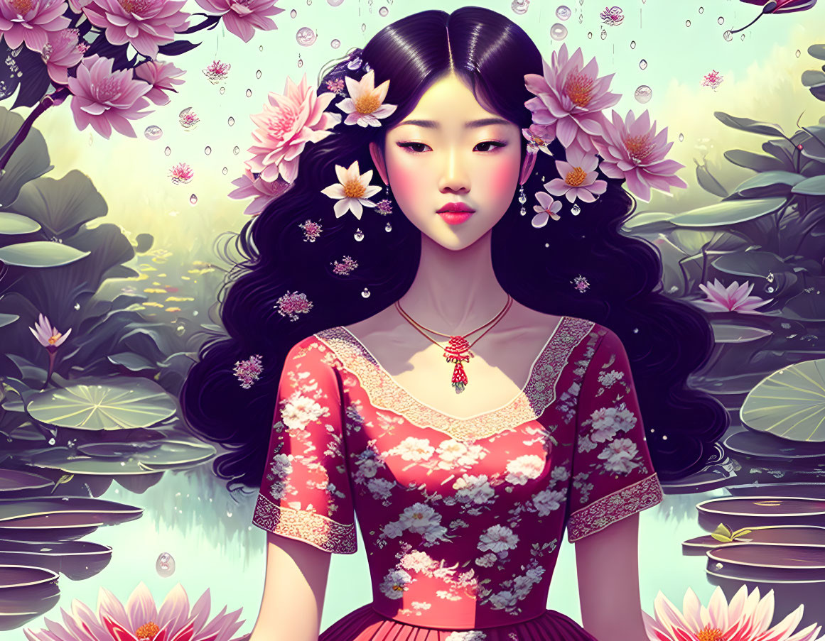 Illustrated woman in traditional attire with long black hair among lotus flowers and pond