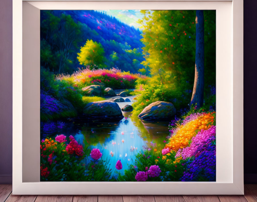 Colorful forest stream painting with blooming flora and radiant sunlight.