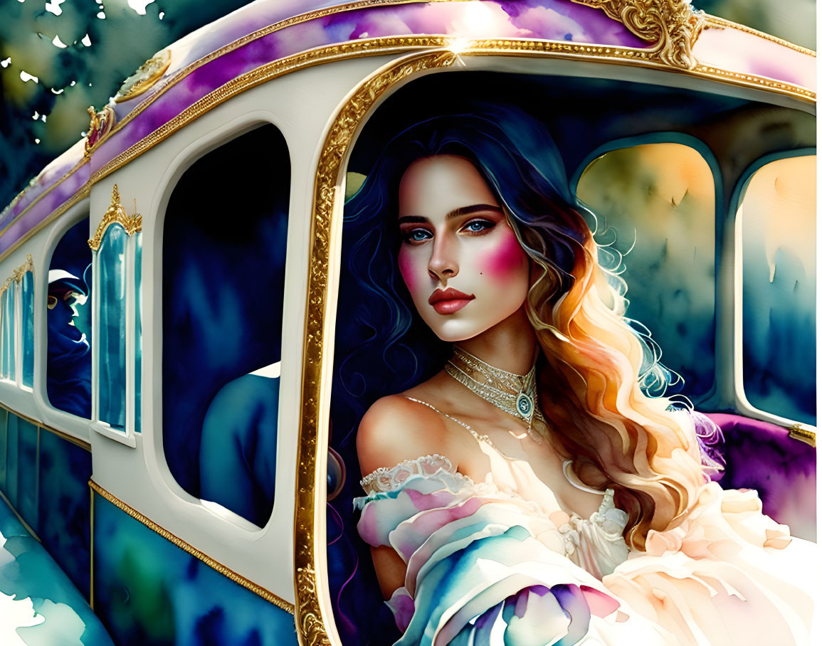 Digital illustration of a fairytale woman in ornate carriage