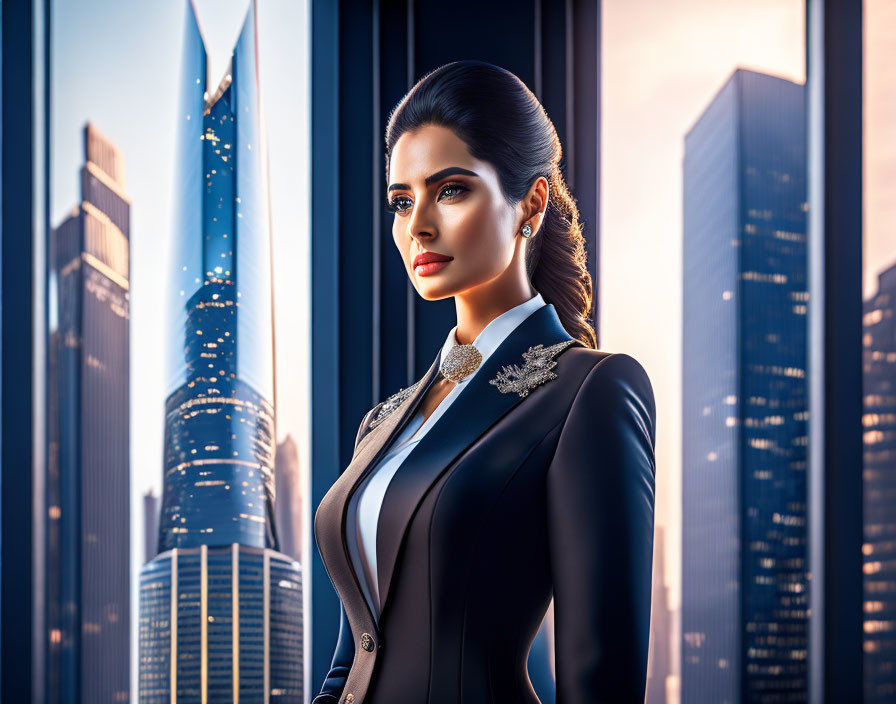 Professional woman in black suit against modern skyscrapers at sunset