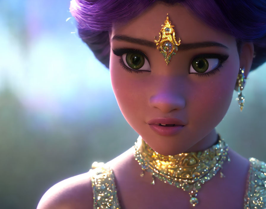 Close-up 3D animated female character with expressive eyes and golden jewelry