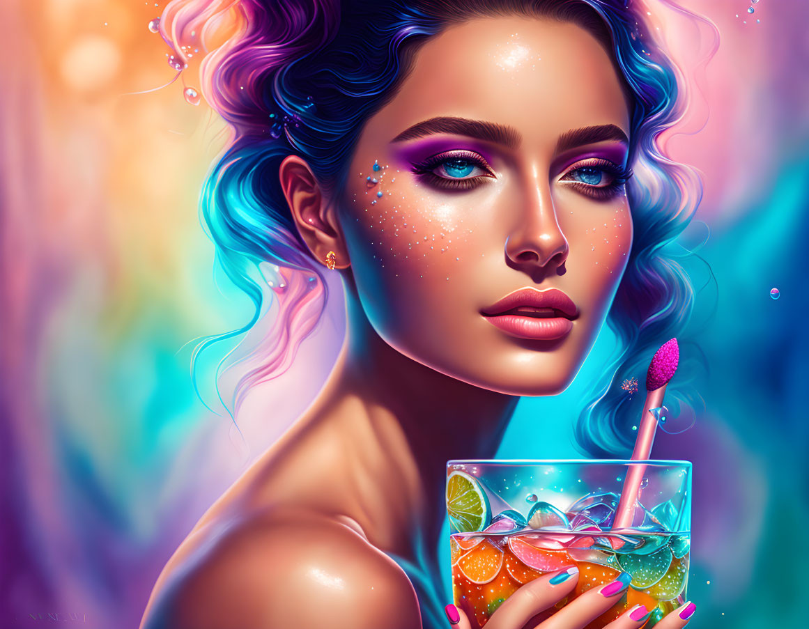 Vibrant digital portrait: Woman with blue hair and drink on colorful background