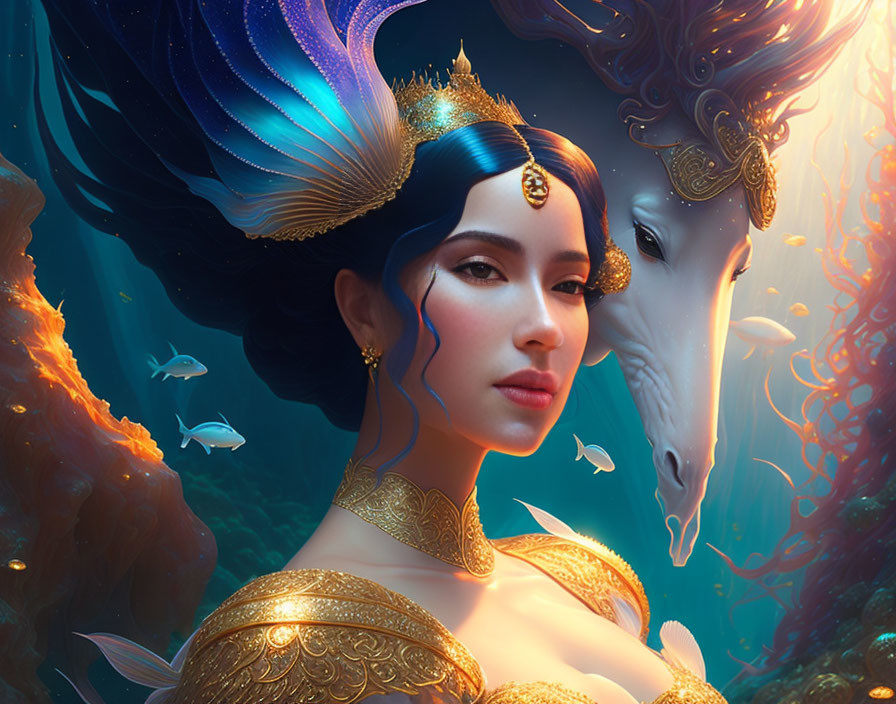 Fantastical portrait of woman with ornate headdress and mythical horse in luminescent underwater scene