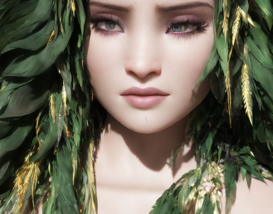 Female character with green leafy adornments, fair skin, purple eyes, serene expression