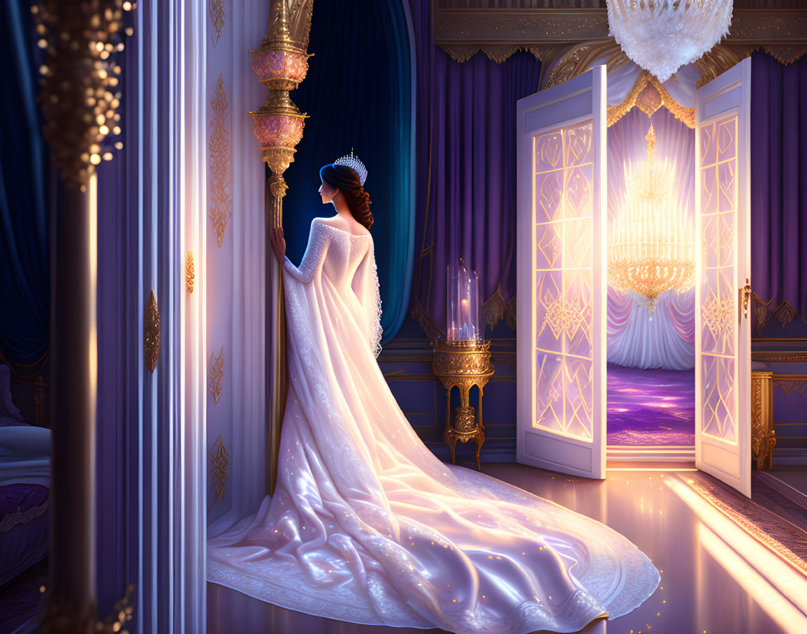 Royal princess in elegant gown admires opulent purple room with golden decor.