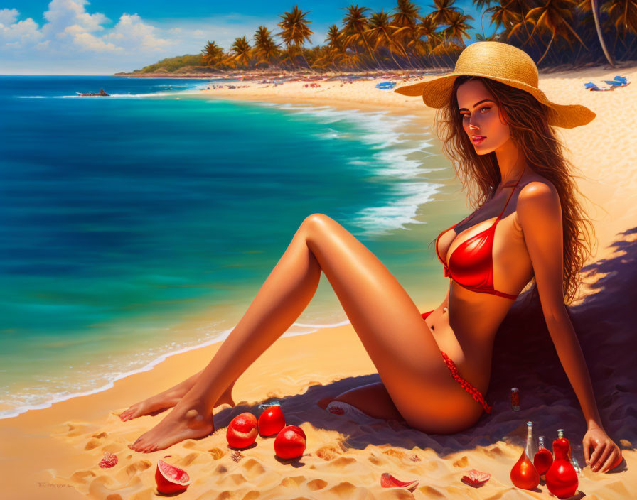 Woman in Red Bikini on Sunny Beach with Tomatoes and Glass Bottles