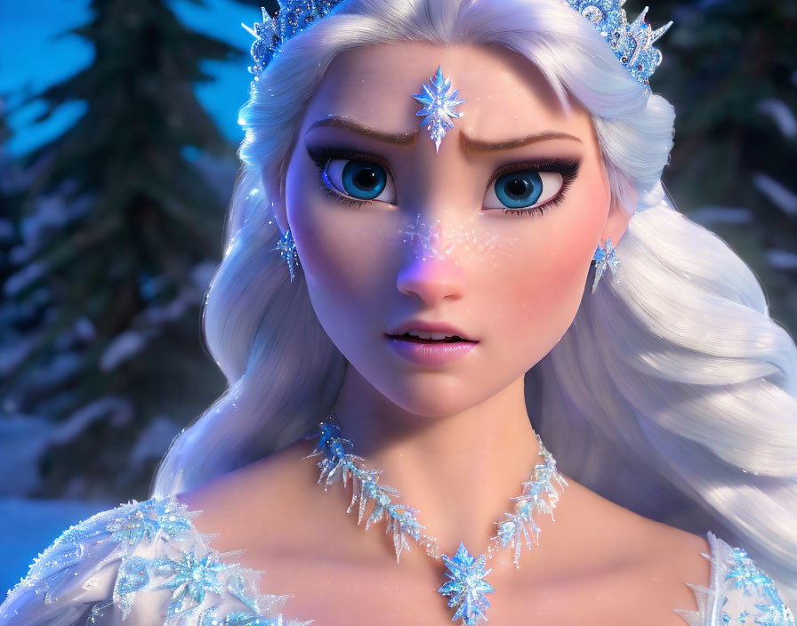 Platinum Blonde Animated Character with Blue Eyes in Ice Crystal Tiara and Dress Among Snow-Covered