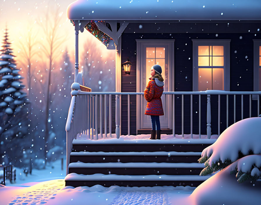 Person in winter attire on snow-covered porch at twilight