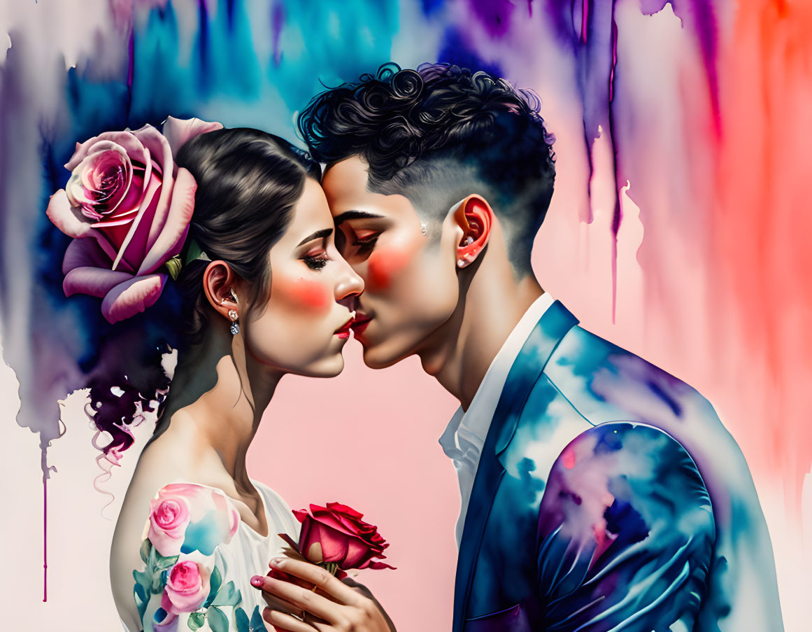 Romantic digital artwork of couple kissing with vibrant floral elements